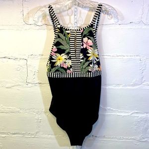 Skye Womens Black Swimsuit with colorful Floral Pattern on Chest.